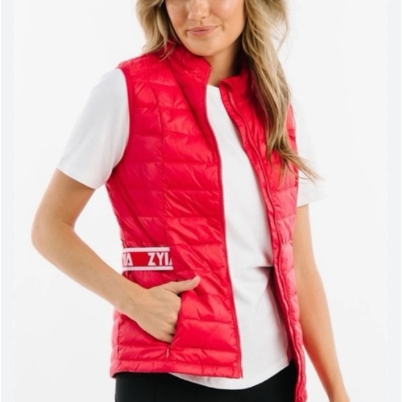 Zyia Active Alpine Vest Womens Sz L Pink/Red Down Puffer Vest Quilted Logo Waist - Picture 1 of 5